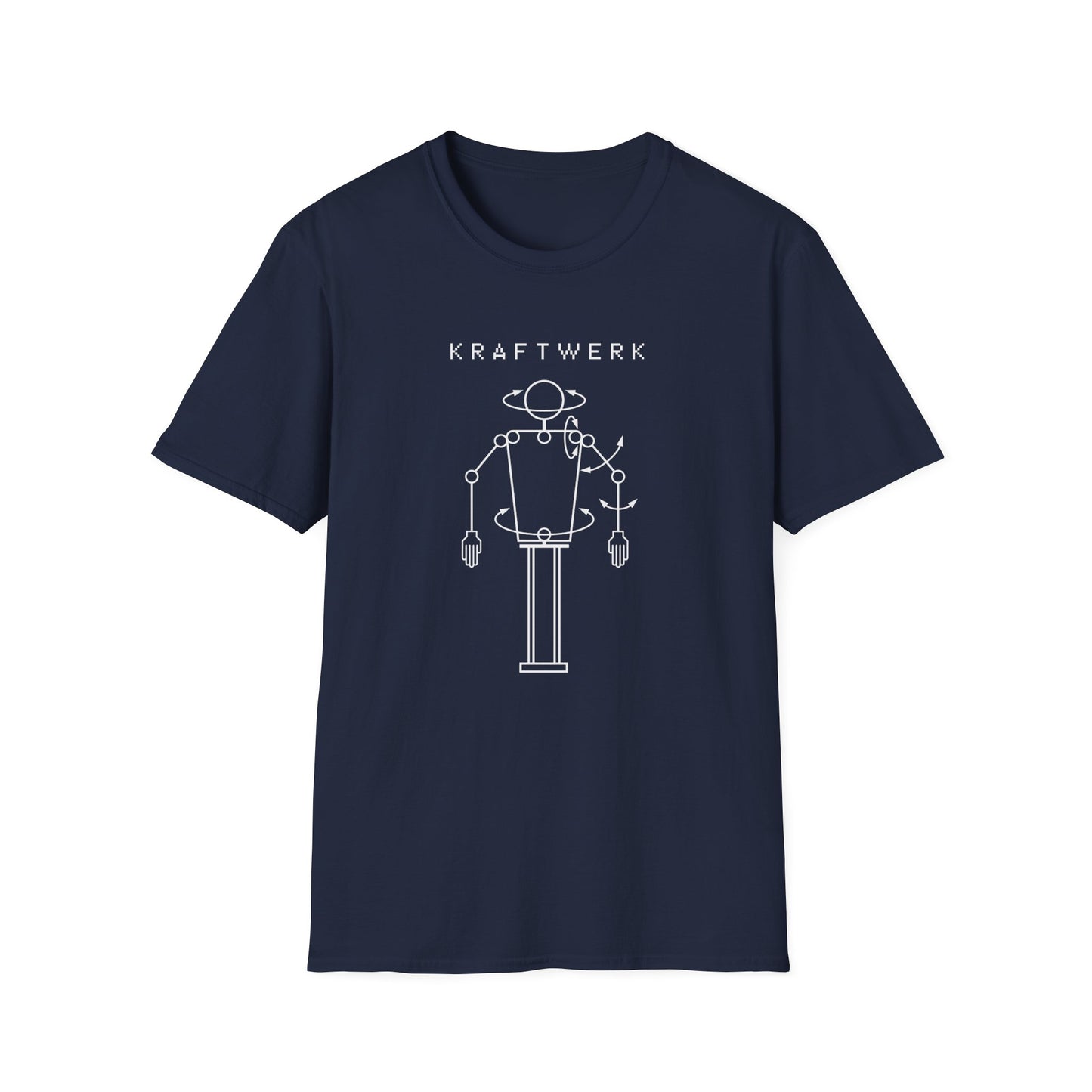 Kraftwerk logo with a stylized astronaut figure on a navy blue t-shirt.