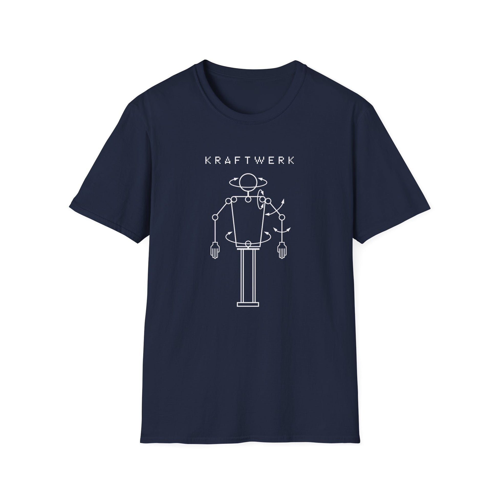 Kraftwerk logo with a stylized astronaut figure on a navy blue t-shirt.