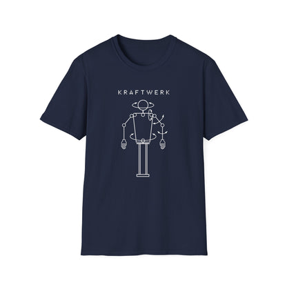 Kraftwerk logo with a stylized astronaut figure on a navy blue t-shirt.