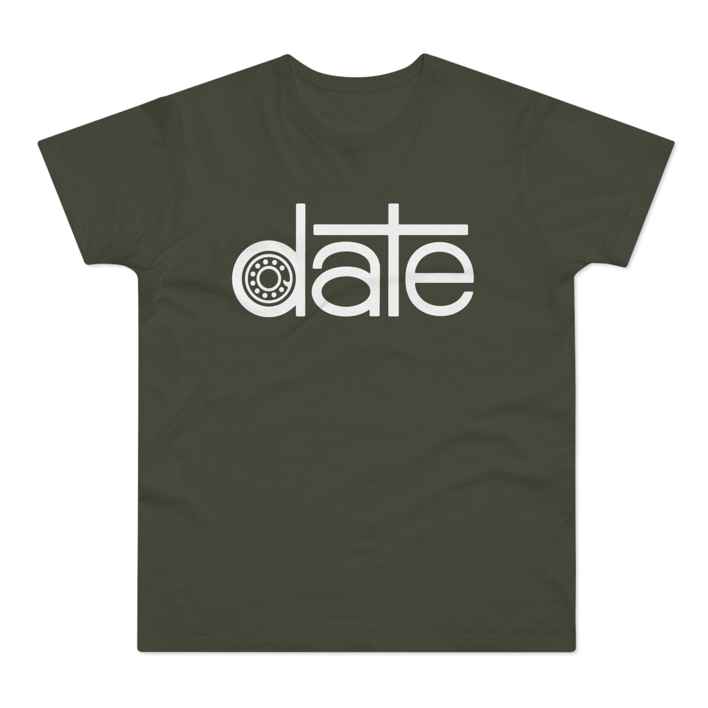 Olive green t-shirt with white "date" text and a bearing graphic in the "a".