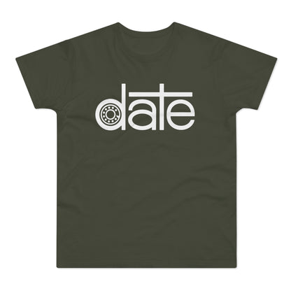 Olive green t-shirt with white "date" text and a bearing graphic in the "a".
