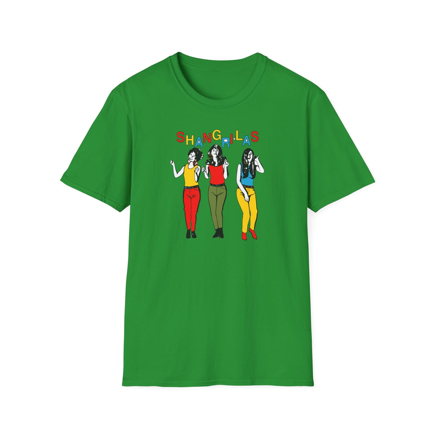 Green t-shirt with colorful "SHANGRI-LAS" text and three illustrated women.