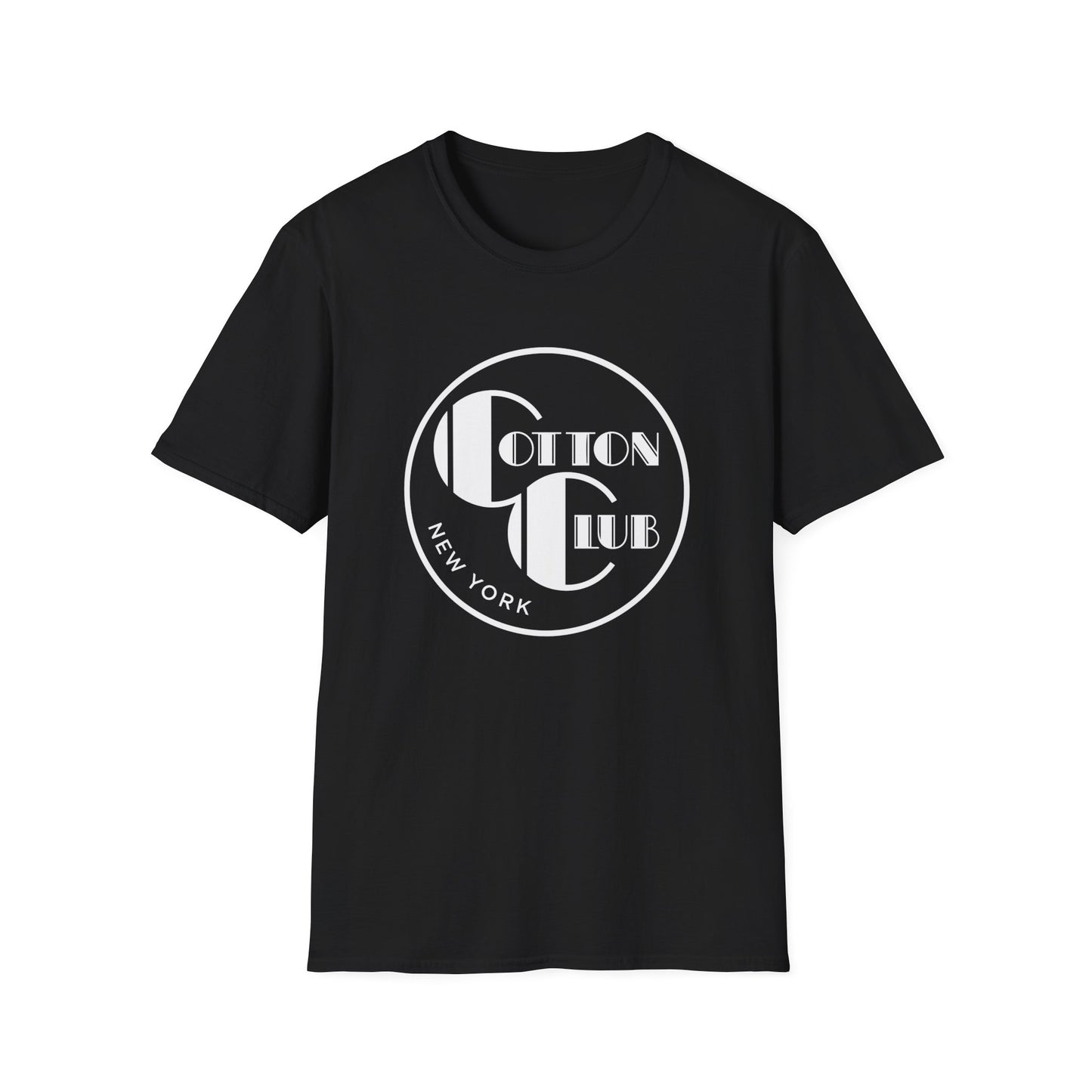 Black t-shirt with white "Cotton Club New York" logo in a circular design.