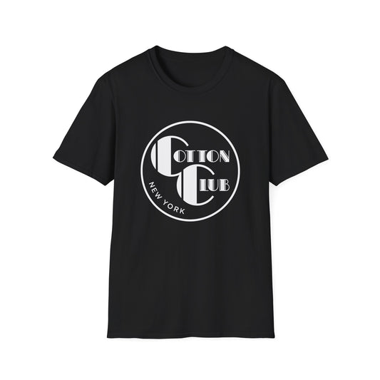 Black t-shirt with white "Cotton Club New York" logo in a circular design.