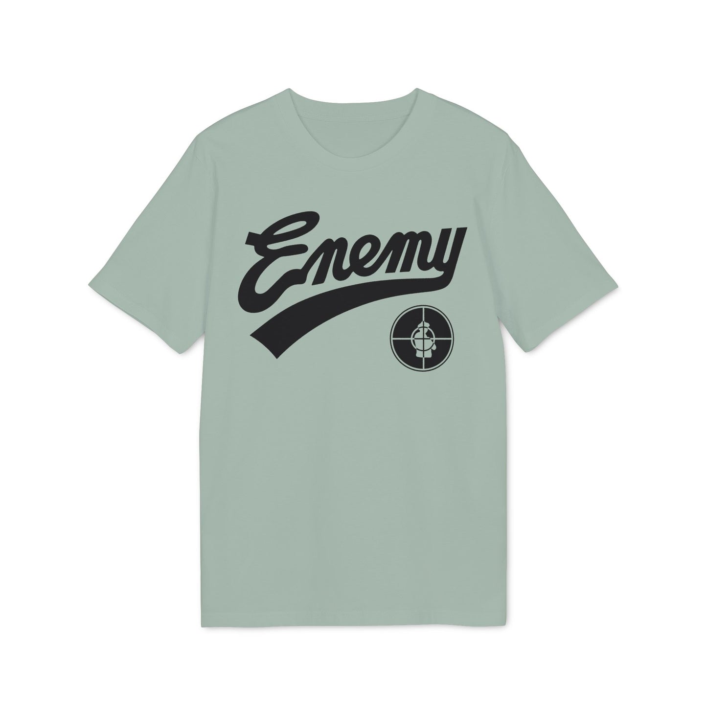 Light green t-shirt with black "Enemy" text and target logo.