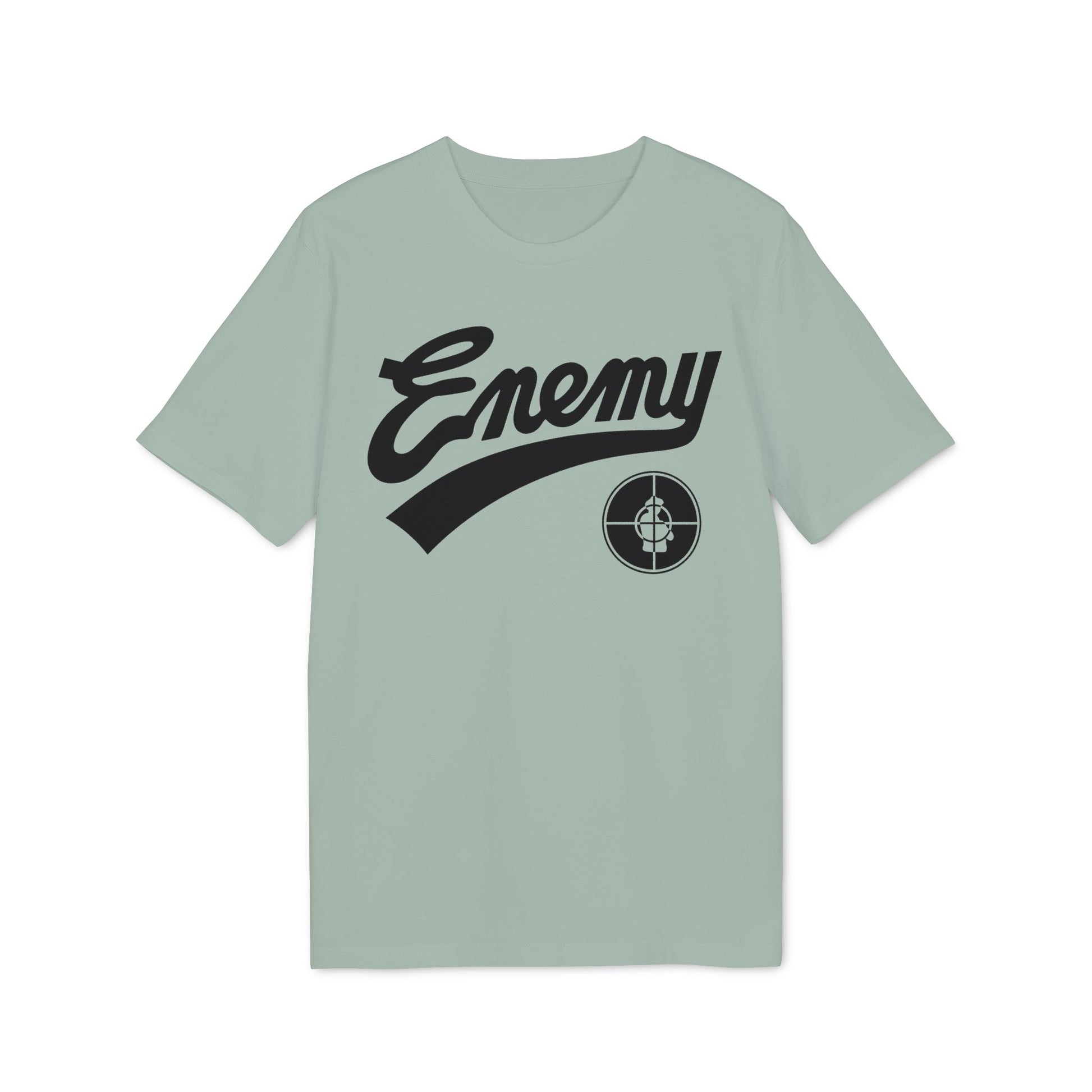 Light green t-shirt with black "Enemy" text and target logo.