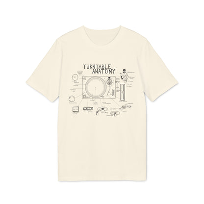 Cream t-shirt with "Turntable Anatomy" graphic diagram of turntable parts.