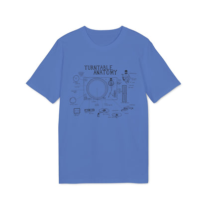 Turntable anatomy diagram on a blue t-shirt showing labeled parts from platter to stylus.