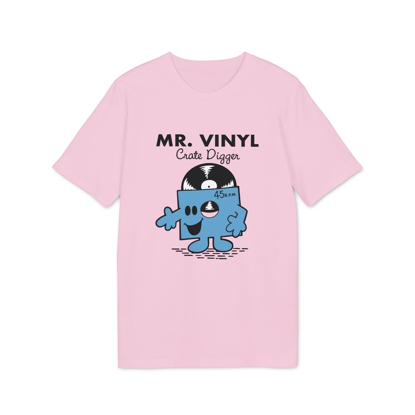 Pink t-shirt with "MR. VINYL Crate Digger" and a cartoon vinyl record character.