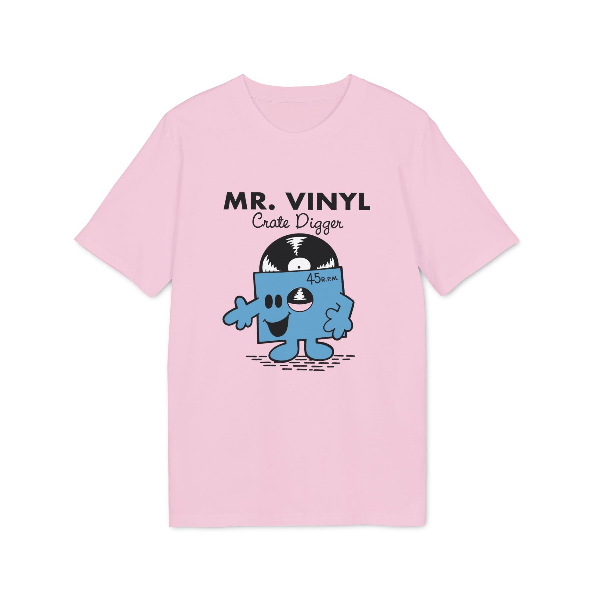 Pink t-shirt with "MR. VINYL Crate Digger" and a cartoon vinyl record character.