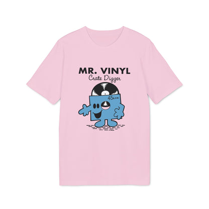 Pink t-shirt with "MR. VINYL Crate Digger" and a cartoon vinyl record character.