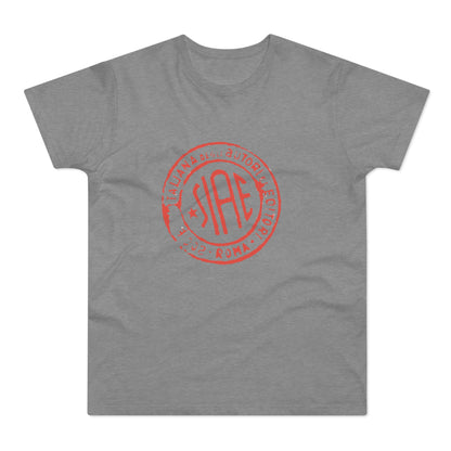 Grey t-shirt with red SIAE logo stamp from 1902, Roma.