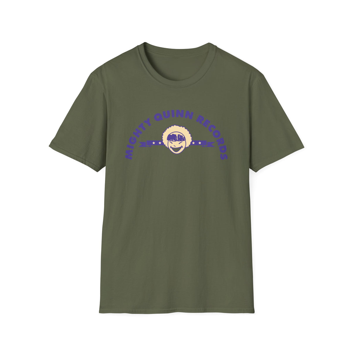 Olive t-shirt with purple "Mighty Quinn Records" text and star logo.