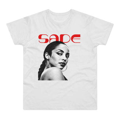 White t-shirt with black and white Sade portrait and red "SADE" text.