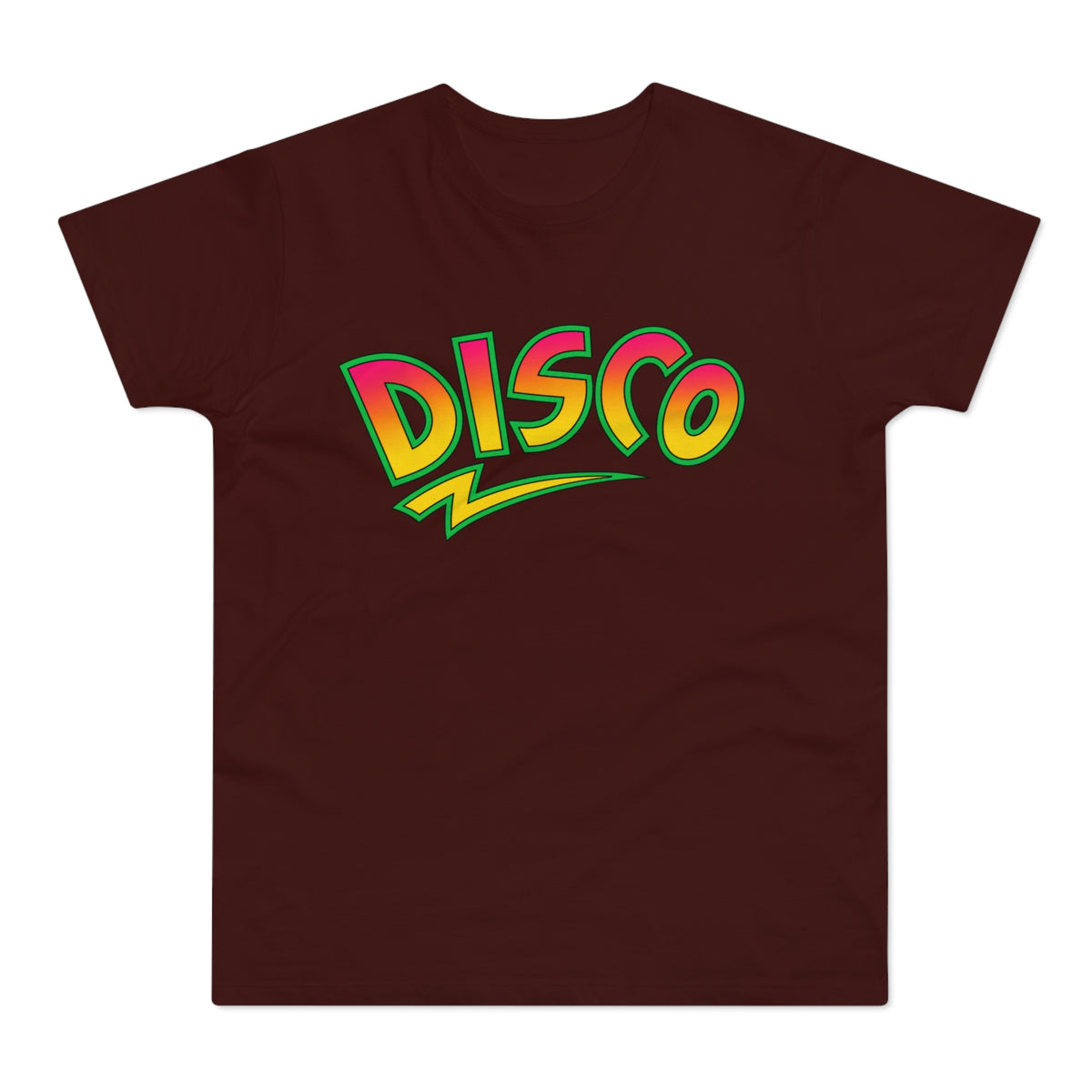 Brown t-shirt with colorful "DISCO" text and a yellow lightning bolt graphic.