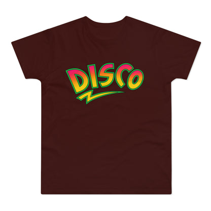 Brown t-shirt with colorful "DISCO" text and a yellow lightning bolt graphic.