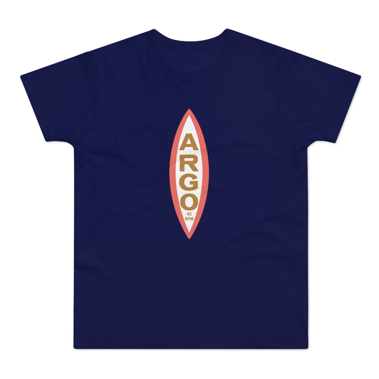 Navy t-shirt with white and coral oval graphic featuring "ARGO" and "45 RPM".