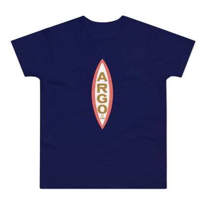 Navy t-shirt with white and coral oval graphic featuring "ARGO" and "45 RPM".
