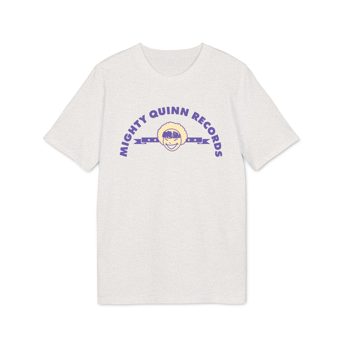 Light grey t-shirt with purple "MIGHTY QUINN RECORDS" text and a smiling cartoon face.