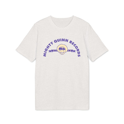 Light grey t-shirt with purple "MIGHTY QUINN RECORDS" text and a smiling cartoon face.
