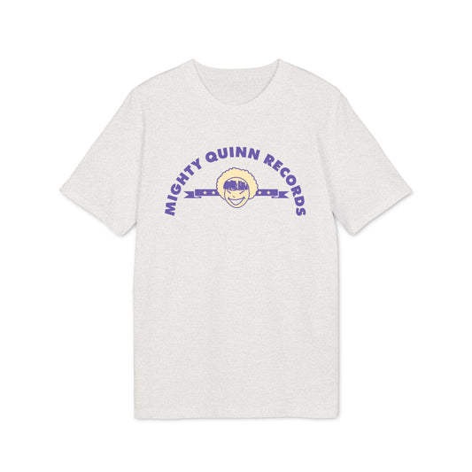 Light grey t-shirt with purple "MIGHTY QUINN RECORDS" text and a smiling cartoon face.