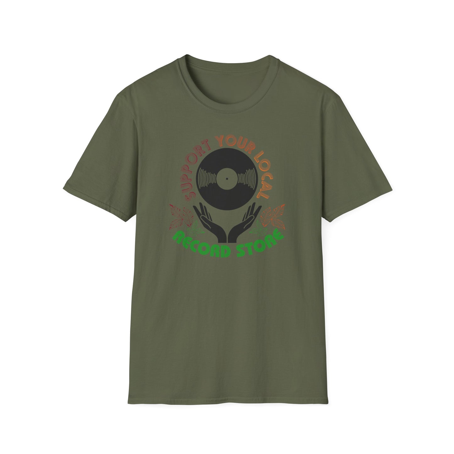 Olive green t-shirt with a black vinyl record held by hands and text.