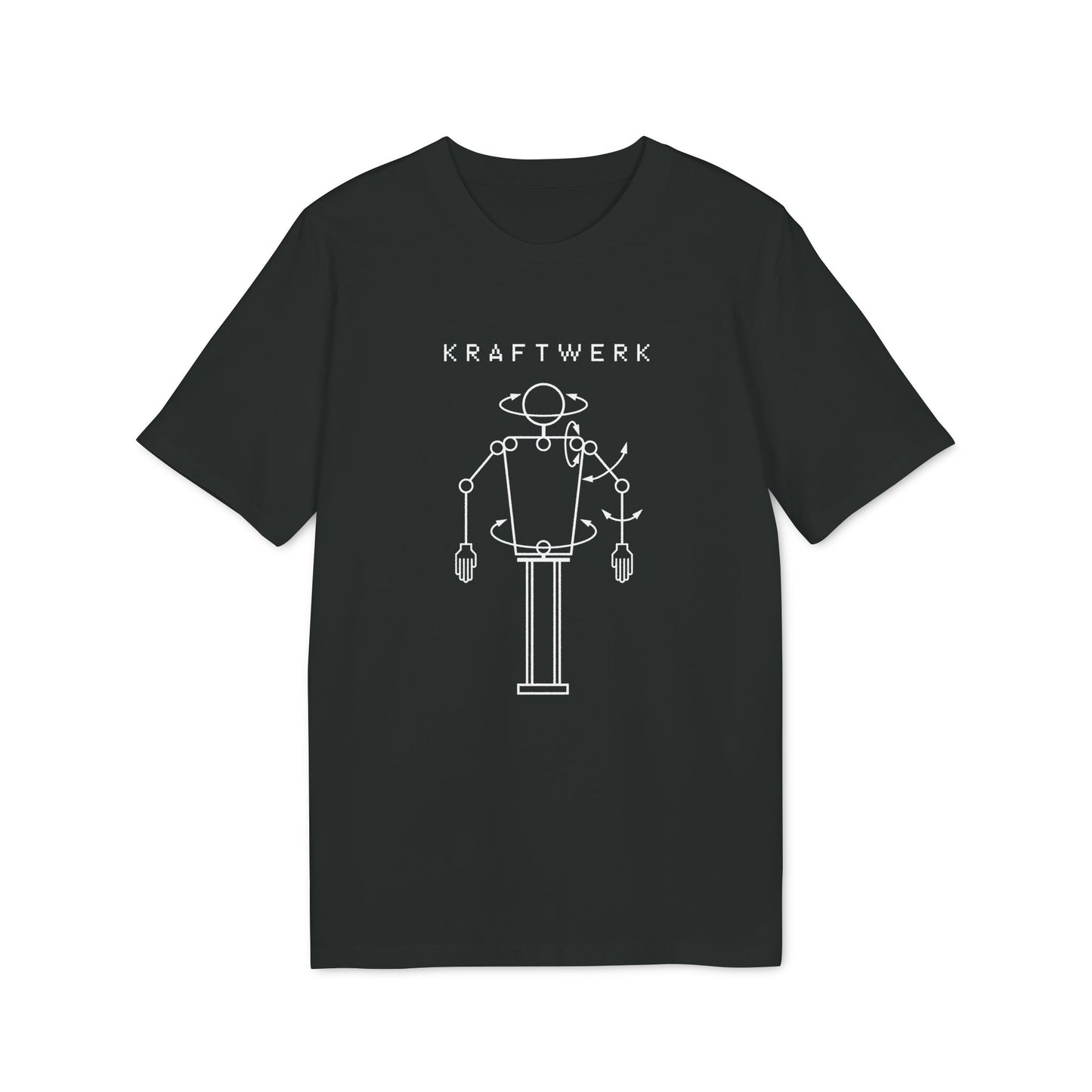 Black t-shirt with Kraftwerk logo and a rotating robot graphic.