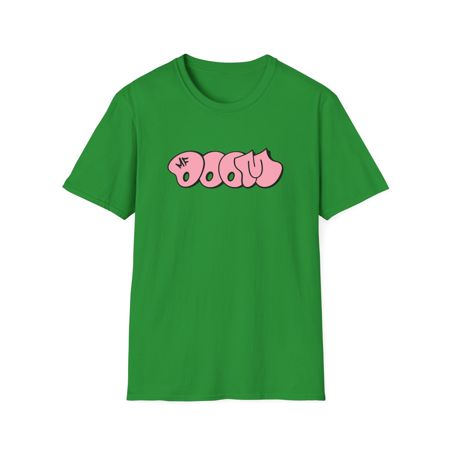 Green t-shirt with pink bubble text and MF logo.