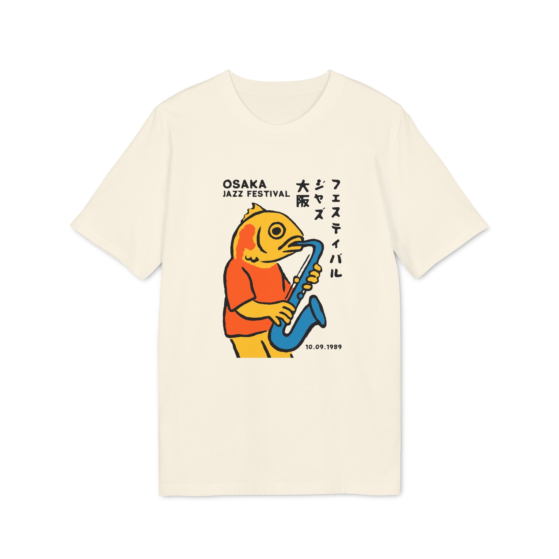 T-shirt with cartoon fish playing saxophone, "Osaka Jazz Festival" and date 10.09.1989.