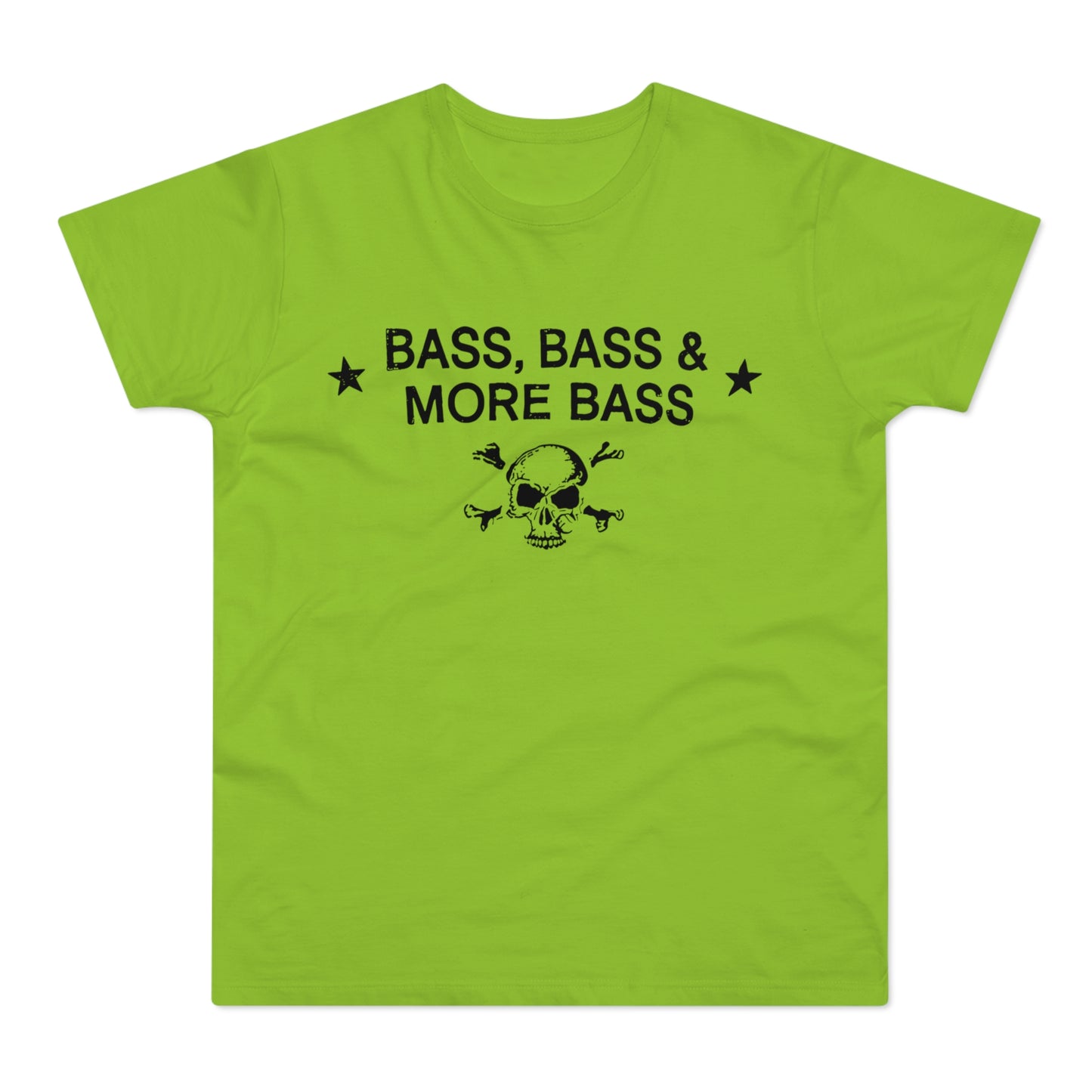 Lime green t-shirt with black text "BASS, BASS & MORE BASS" and skull with crossed bones.
