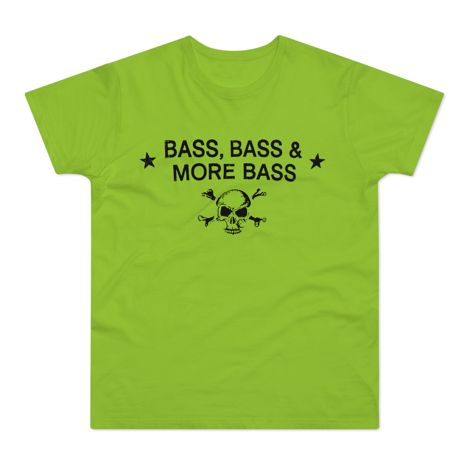 Lime green t-shirt with black text "BASS, BASS & MORE BASS" and skull with crossed bones.