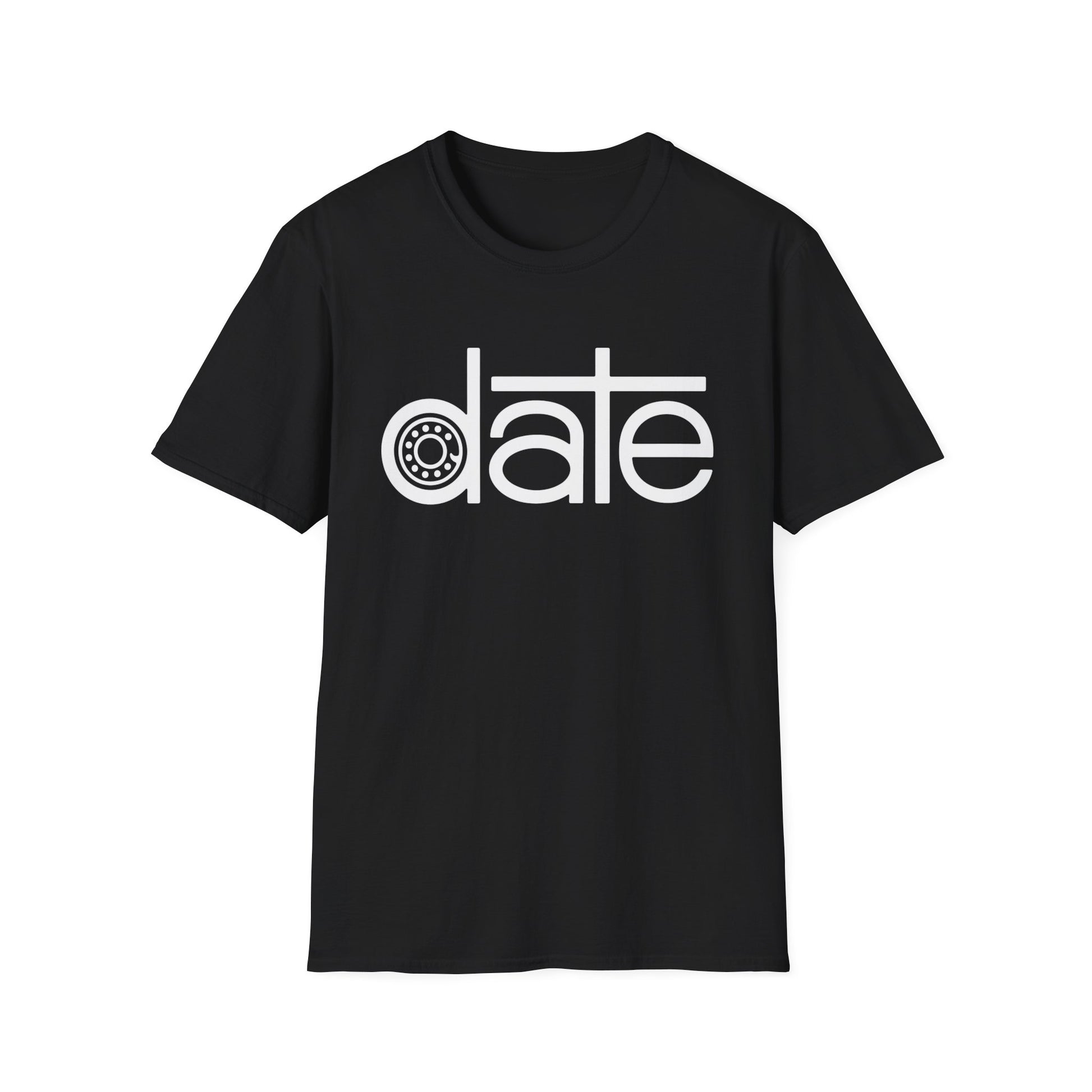 Black t-shirt with white "date" graphic featuring a circular gear design.