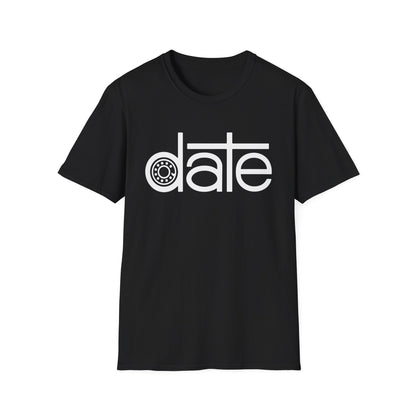 Black t-shirt with white "date" graphic featuring a circular gear design.