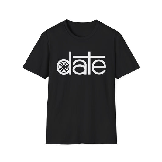 Black t-shirt with white "date" graphic featuring a circular gear design.