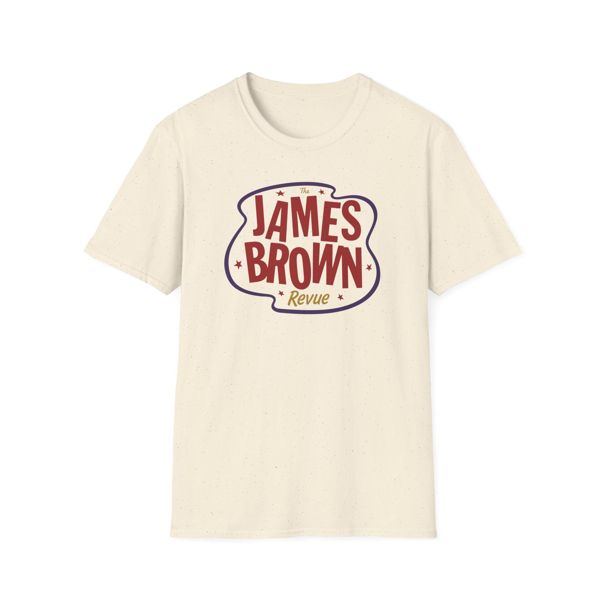 Cream t-shirt with "The James Brown Revue" logo in red, blue, and yellow.