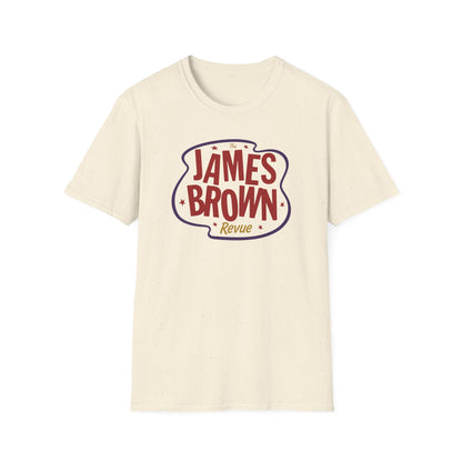 Cream t-shirt with "The James Brown Revue" logo in red, blue, and yellow.
