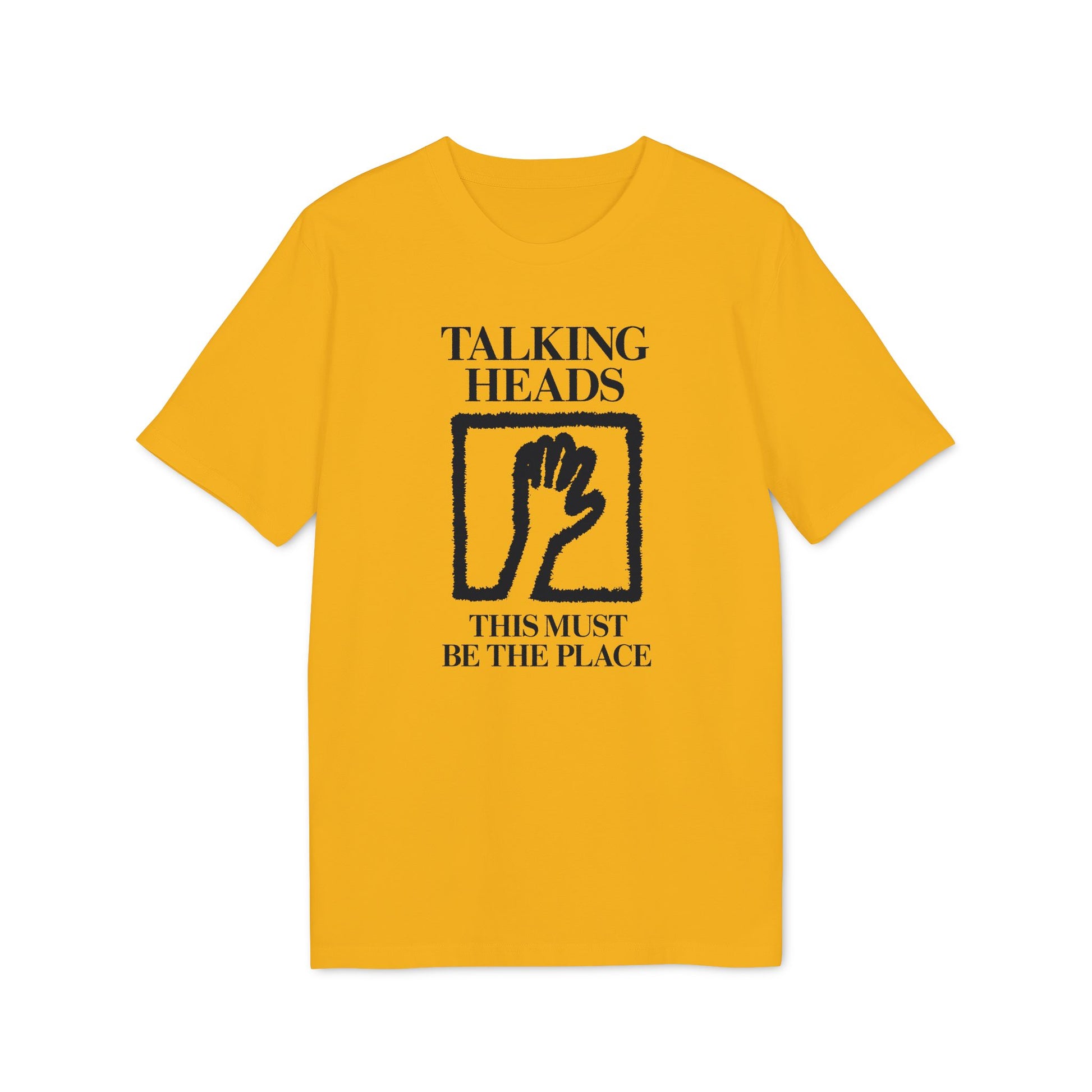 Yellow t-shirt with blue \"TALKING HEADS\" and \"THIS MUST BE THE PLACE\" text and a hand design.