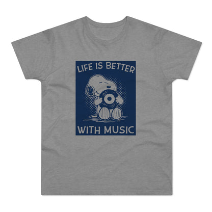 Snoopy holding a vinyl record with text "LIFE IS BETTER WITH MUSIC".