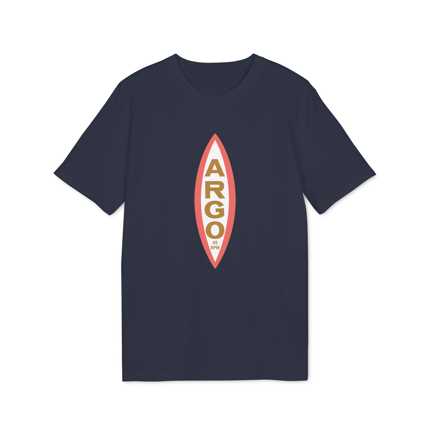 Navy t-shirt with a vertical white and coral oval graphic with "ARGO 45 RPM" text.