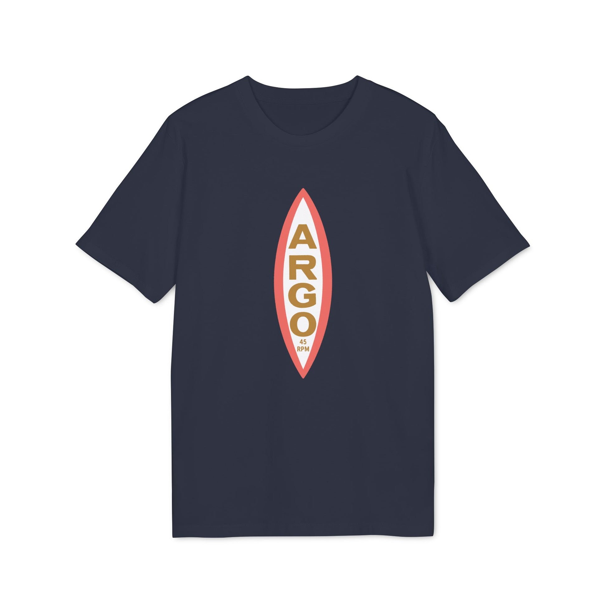 Navy t-shirt with a vertical white and coral oval graphic with "ARGO 45 RPM" text.