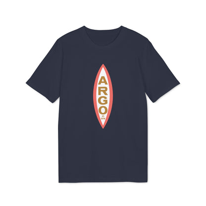 Navy t-shirt with a vertical white and coral oval graphic with "ARGO 45 RPM" text.