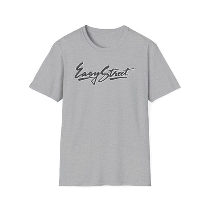 Grey t-shirt with black "Easy Street" script logo on the front.
