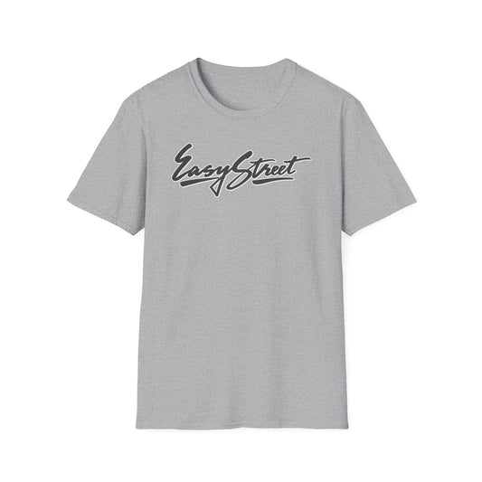 Grey t-shirt with black "Easy Street" script logo on the front.
