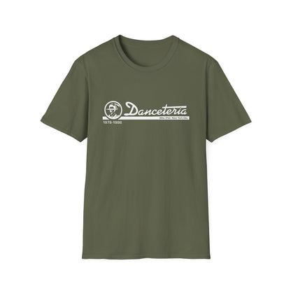 Olive green t-shirt with white "Danceteria 30w 21st New York City 1979-1986" logo.
