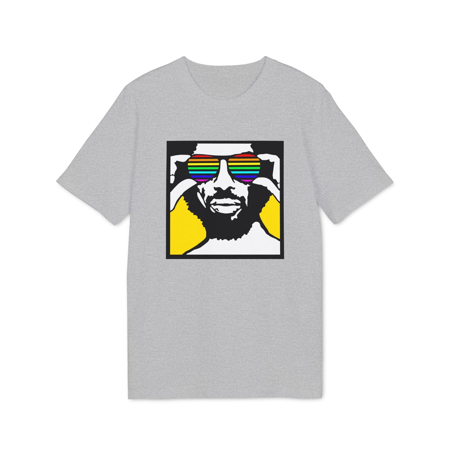 Grey t-shirt with a graphic of a man wearing rainbow sunglasses.
