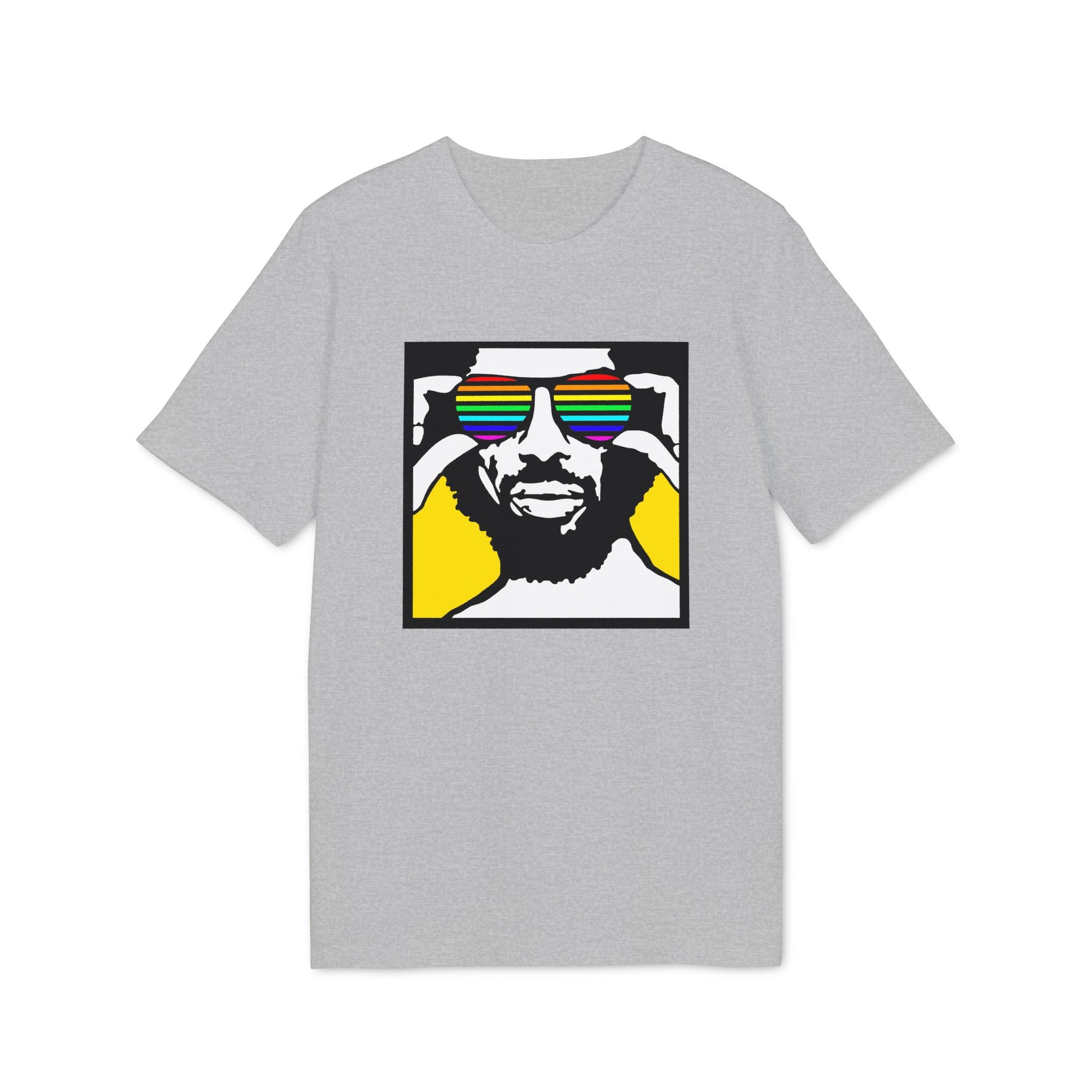 Grey t-shirt with a graphic of a man wearing rainbow sunglasses.