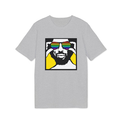 Grey t-shirt with a graphic of a man wearing rainbow sunglasses.