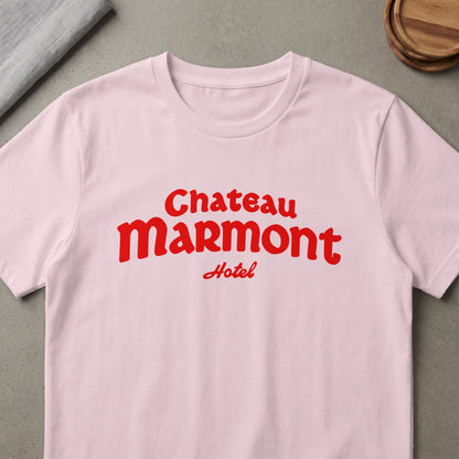 Pink t-shirt with red "Chateau Marmont Hotel" text.