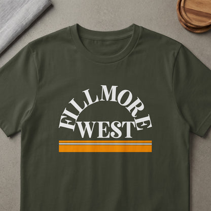 Dark t-shirt with white "FILLMORE WEST" text and orange and white stripes.