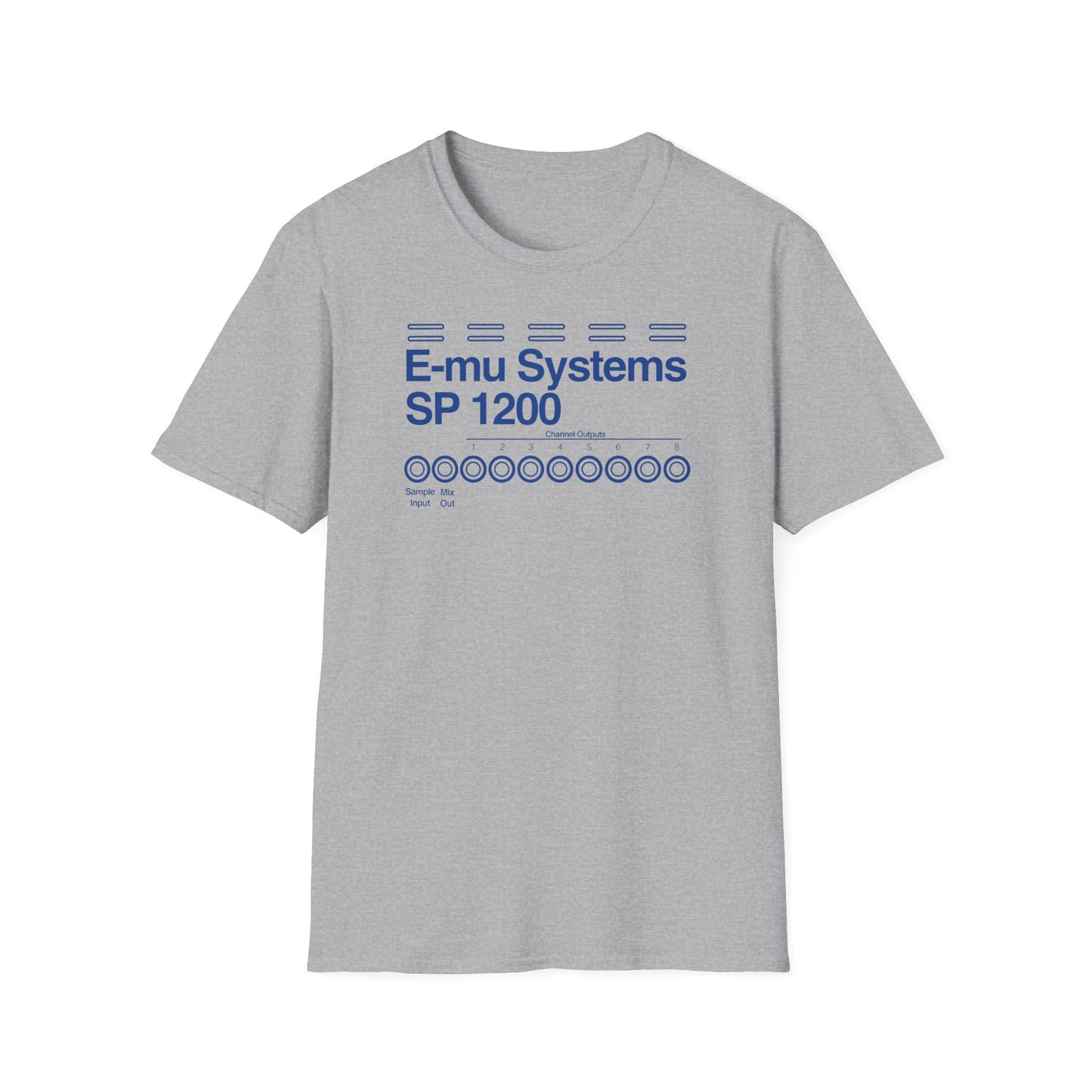 Gray t-shirt with blue E-mu Systems SP 1200 design and circular outputs.